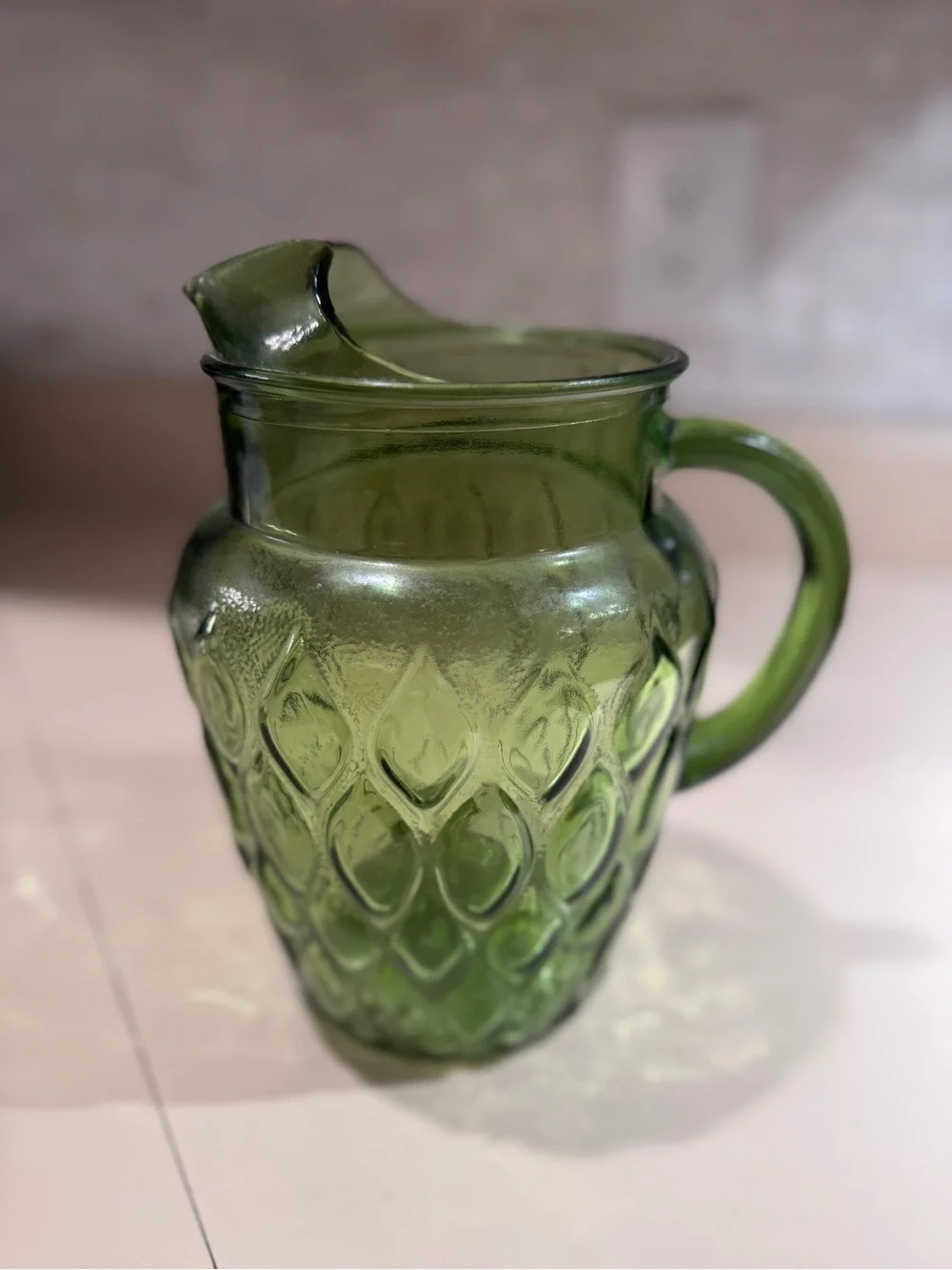 Vintage Green Pressed Glass Pitcher - Textured Diamond Pattern